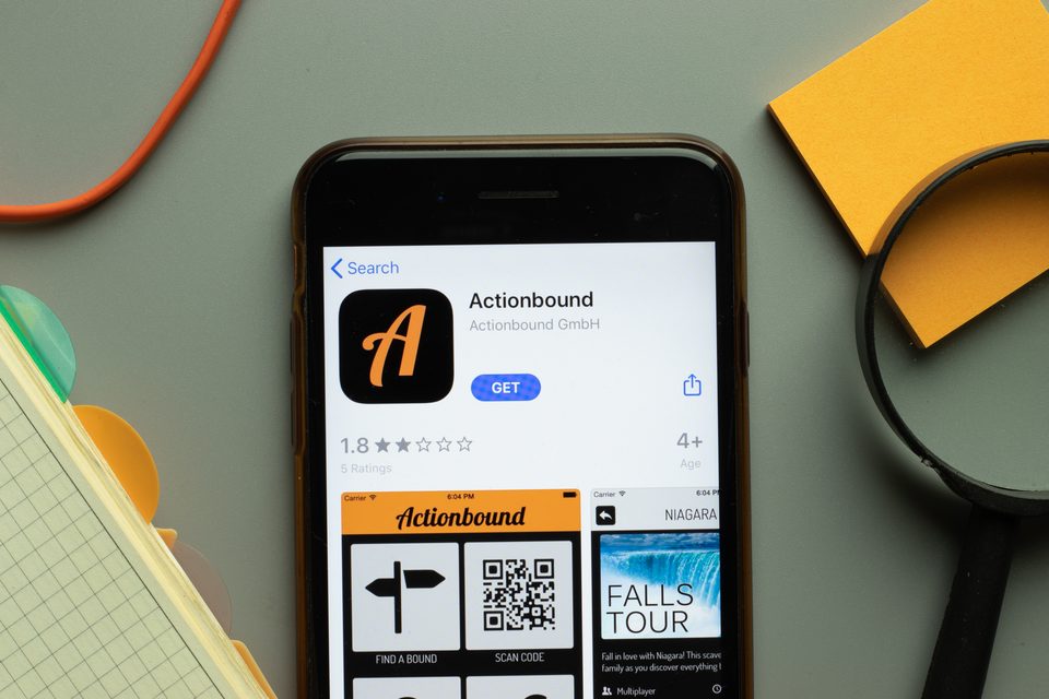 New York, USA - 26 October 2020: Actionbound mobile app logo on phone screen close up, Illustrative Editorial New York, USA - 26 October 2020: Actionbound mobile app logo on phone screen close up, Illustrative Editorial