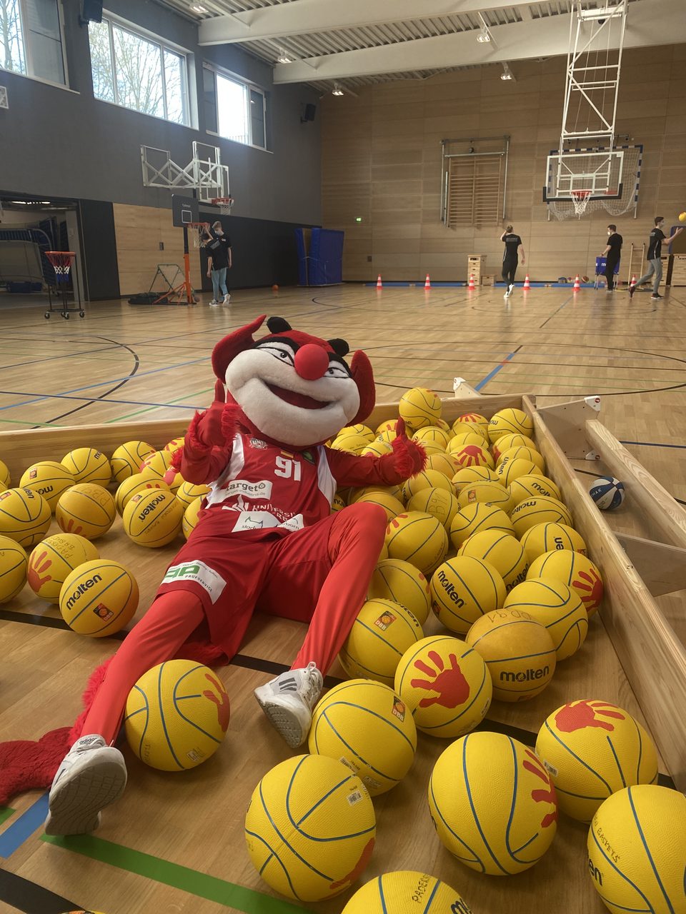 Maskottchen der Paderborner Baskets liegt in Ballhaufen