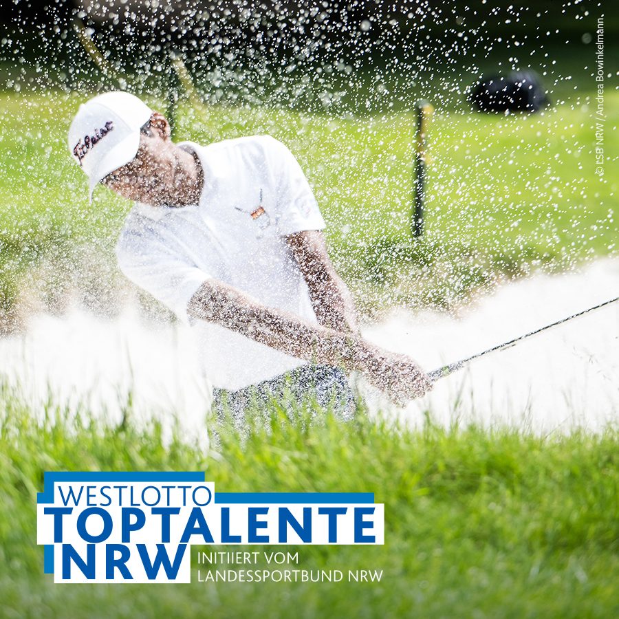 Golfer schlägt Ball. Titel "WestLotto Toptalent, inititert von LSB NRW"